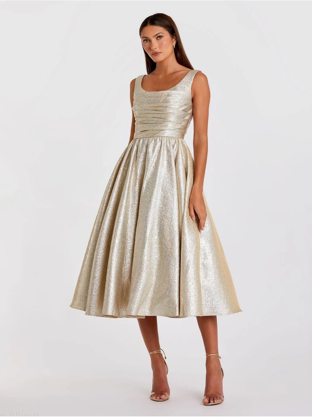 Gold Square Neck Sleeveless Metallic Midi Dress. 68350 Mac duggal